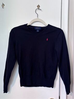 Polo by Ralph Lauren Navy V-Neck Sweater with Suede Elbow Patches